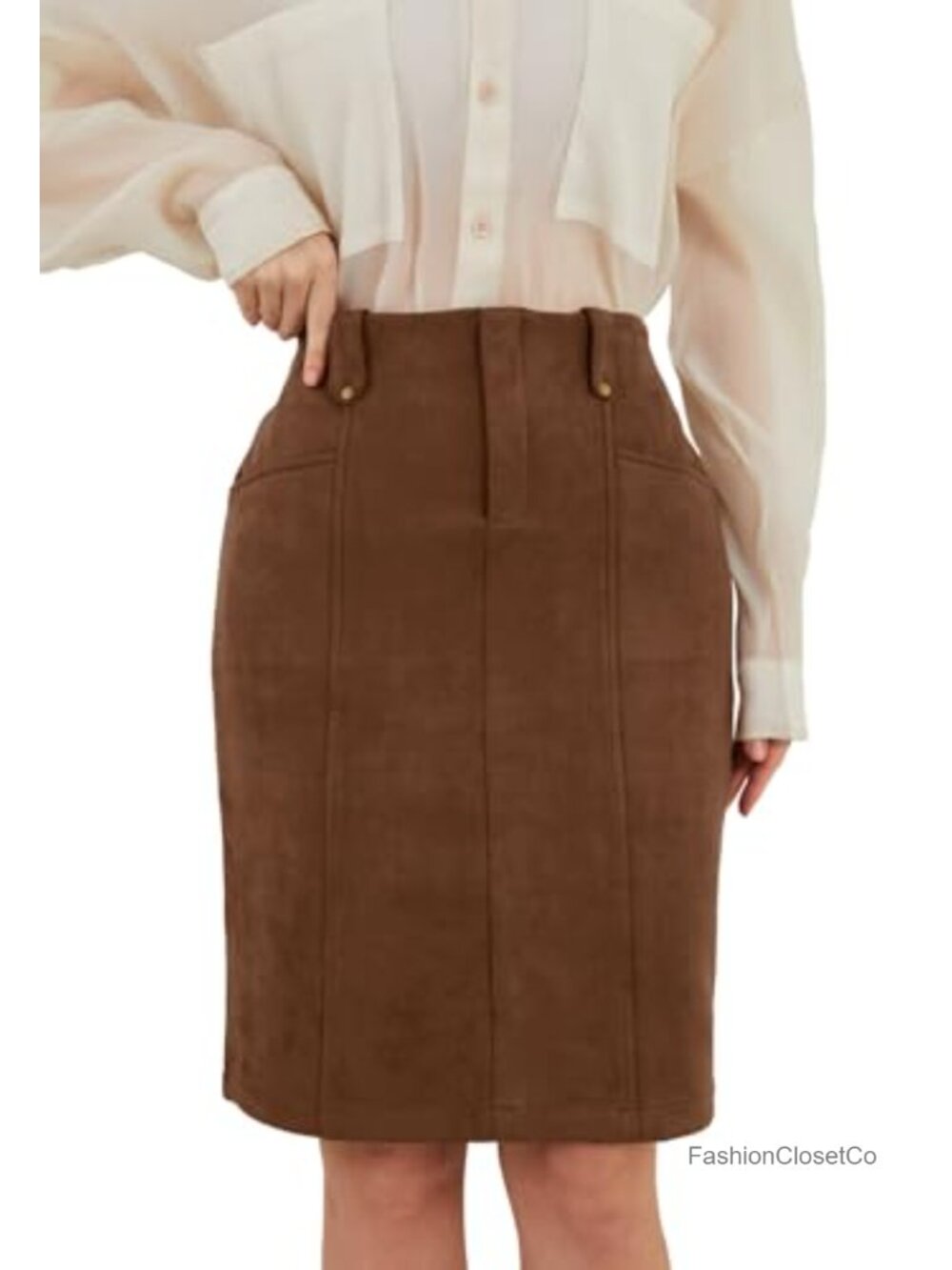 Faux Suede Bodycon Pencil Skirt Women Knee Length High Waist Slit Pockets
